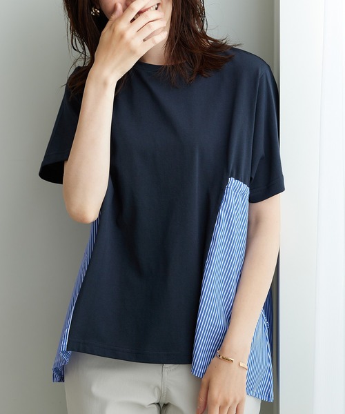 BELLUNA PLUS(ベルーナ)の「サイドリボン使い異素材切替プルオーバー(Tシャツ/カットソー・レディース・セージグリーン/ネイビー系・LARGE/X-LARGE/MEDIUM)」の5枚目の写真