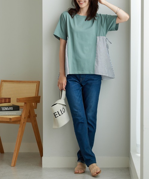 BELLUNA PLUS(ベルーナ)の「サイドリボン使い異素材切替プルオーバー(Tシャツ/カットソー・レディース・セージグリーン/ネイビー系・LARGE/X-LARGE/MEDIUM)」の15枚目の写真