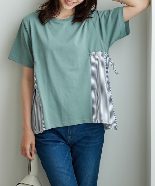 BELLUNA PLUS(ベルーナ)の「サイドリボン使い異素材切替プルオーバー(Tシャツ/カットソー・レディース・セージグリーン/ネイビー系・LARGE/X-LARGE/MEDIUM)」の14枚目の写真