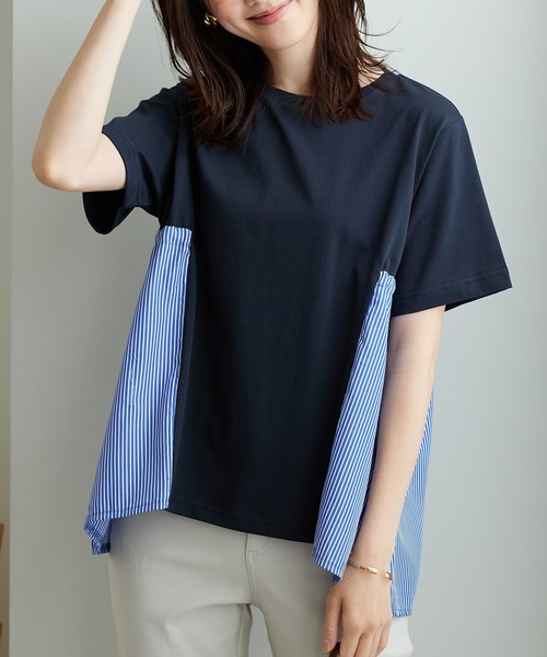 BELLUNA PLUS(ベルーナ)の「サイドリボン使い異素材切替プルオーバー(Tシャツ/カットソー・レディース・セージグリーン/ネイビー系・LARGE/X-LARGE/MEDIUM)」の7枚目の写真