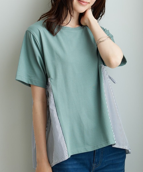BELLUNA PLUS(ベルーナ)の「サイドリボン使い異素材切替プルオーバー(Tシャツ/カットソー・レディース・セージグリーン/ネイビー系・LARGE/X-LARGE/MEDIUM)」の12枚目の写真