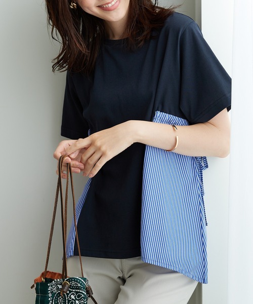 BELLUNA PLUS(ベルーナ)の「サイドリボン使い異素材切替プルオーバー(Tシャツ/カットソー・レディース・セージグリーン/ネイビー系・LARGE/X-LARGE/MEDIUM)」の6枚目の写真