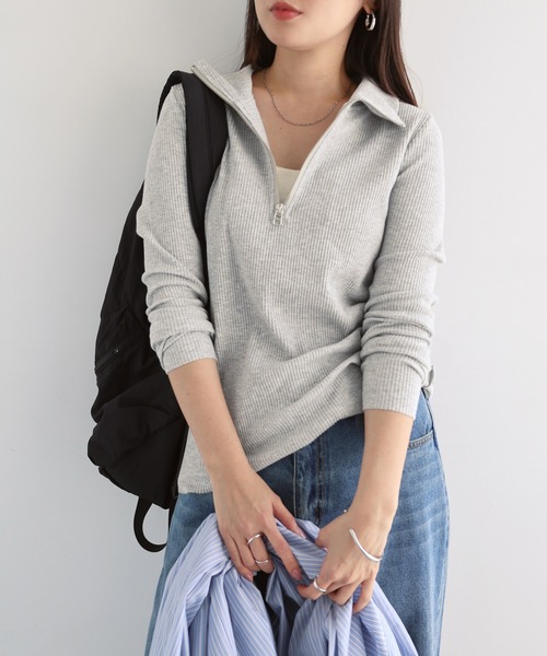 andme（アンドミー）の「セルフカットリブサムホールハーフジップ長袖トップス（Tシャツ/カットソー・レディース・杢グレー/ブラック/ダークブラウン/スミクロ/キナリ・M）」の4枚目の写真