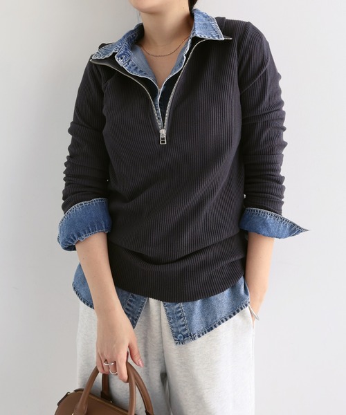 andme（アンドミー）の「セルフカットリブサムホールハーフジップ長袖トップス（Tシャツ/カットソー・レディース・杢グレー/ブラック/ダークブラウン/スミクロ/キナリ・M）」の3枚目の写真