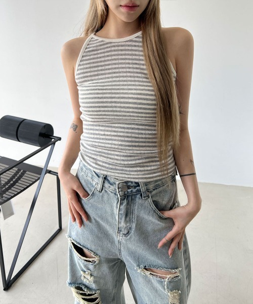 4INT.(フォイント)の「ボーダー パンチング クロップド キャミソール(Tシャツ/カットソー・レディース・ブラック/グレー/ブルー・FREE)」の14枚目の写真