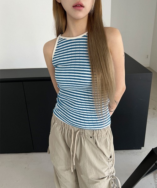 4INT.(フォイント)の「ボーダー パンチング クロップド キャミソール(Tシャツ/カットソー・レディース・ブラック/グレー/ブルー・FREE)」の12枚目の写真