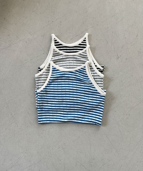 4INT.(フォイント)の「ボーダー パンチング クロップド キャミソール(Tシャツ/カットソー・レディース・ブラック/グレー/ブルー・FREE)」の7枚目の写真
