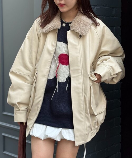 ボア付きフェイクレザージャケット（ブルゾン）｜w closet