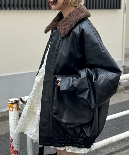 セール】ボア付きフェイクレザージャケット（ブルゾン）｜w closet