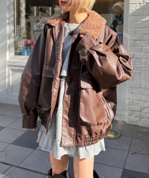 セール】ボア付きフェイクレザージャケット（ブルゾン）｜w closet