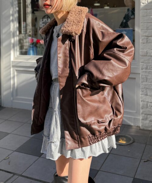 セール】ボア付きフェイクレザージャケット（ブルゾン）｜w