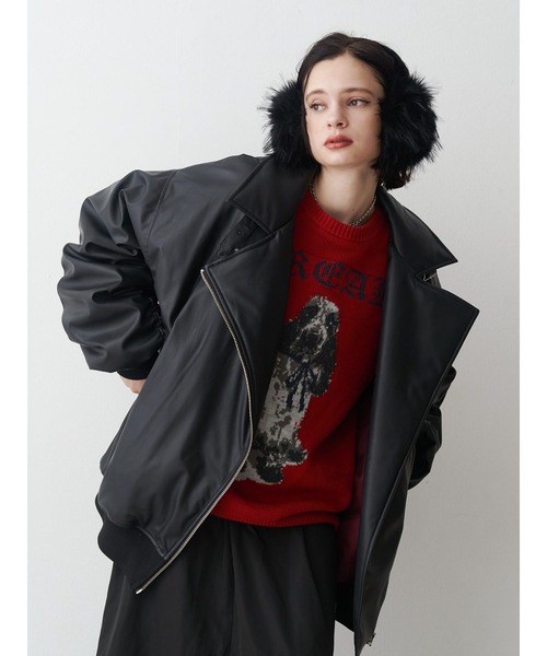 jouetie(ジュエティ)の「フェイクレザーライダースMA-1ジャケット(MA-1・レディース・ブラック/アイボリー・MEDIUM)」の6枚目の写真