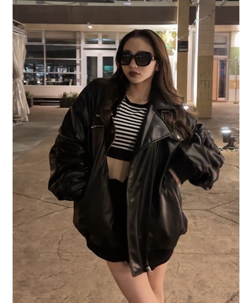 jouetie(ジュエティ)の「フェイクレザーライダースMA-1ジャケット(MA-1・レディース・ブラック/アイボリー・MEDIUM)」の16枚目の写真