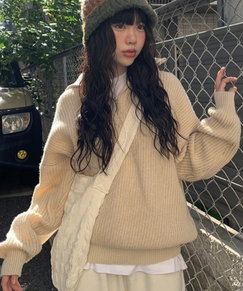 anyonemore(エニワンモア)の「anyonemore(エニワンモア)/2WAY ルーズ ハーフジップ ハイネック ニット プルオーバー/Vanilla Neck Collar Loose Fit Knit Half Zip-Up(ニット/セーター・レディース・ベージュ/ネイビー/ピンク/ブラウン/チャコールグレー・FREE)」の4枚目の写真