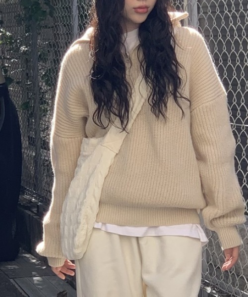 anyonemore(エニワンモア)の「anyonemore(エニワンモア)/2WAY ルーズ ハーフジップ ハイネック ニット プルオーバー/Vanilla Neck Collar Loose Fit Knit Half Zip-Up(ニット/セーター・レディース・ベージュ/ネイビー/ピンク/ブラウン/チャコールグレー・FREE)」の6枚目の写真