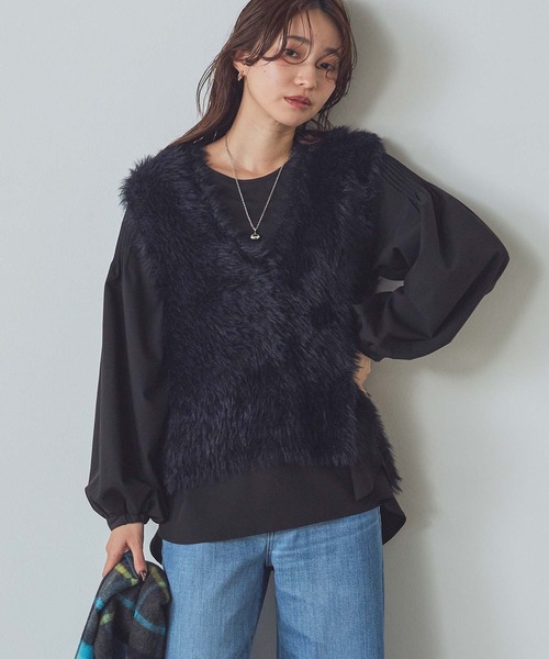 Gready Brilliant(グレディブリリアン)の「VネックシャギーベストSET(ニット/セーター・レディース・ブラック×ブラック/グレー×ホワイト・FREE)」の1枚目の写真