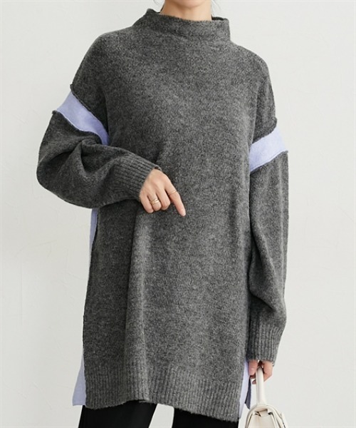 nissen(ニッセン)の「ふんわりアルパカタッチ配色ニットチュニック(ウォッシャブル)(ニット/セーター・レディース・チャコール/アイボリー/ブラック・フリー)」の1枚目の写真