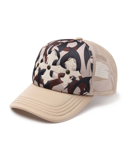 SUPPLIER（サプライヤー）の「メッシュキャップ｜Tribal Camo Cross Leather Patch Mesh Cap｜SUPPLIER（キャップ・メンズ・ベージュ/ブラック・FREE）」の2枚目の写真