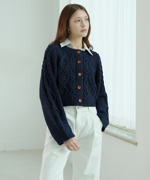 Round Cable Knit Cardigan (Navy)