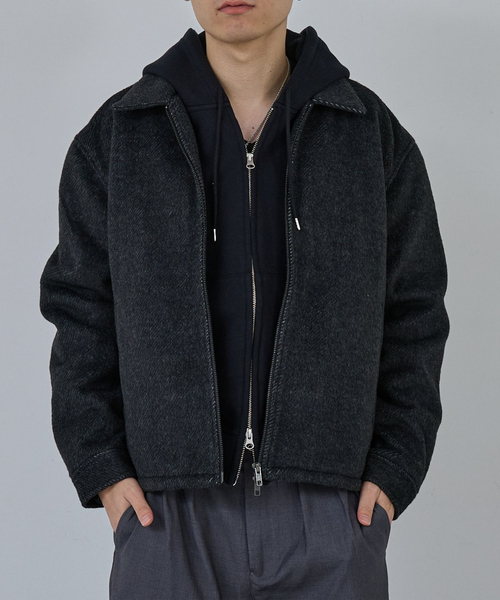 AH ABAHOUSE（エーエイチアバハウス）の「CROPPED DOUBLE ZIP-UP SHAGGY BLOUSON / クロップドダブルジップアップシャギーブルゾン（ブルゾン・メンズ・ブラック/チャコールグレー・46/48/44）」の15枚目の写真