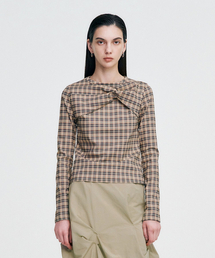 Twisted Check High-neck Top _ BEIGE