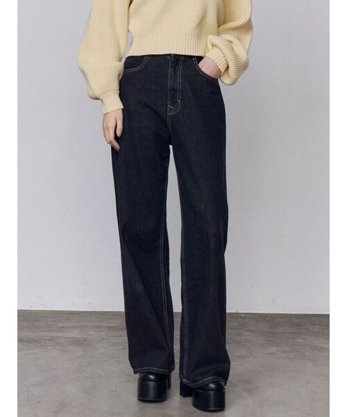 EMODA（エモダ）の「ミッドワイドジャストウエストジーンズ（デニムパンツ・レディース・ブルー/インディゴブルー/ベージュ・MEDIUM/SMALL）」の3枚目の写真