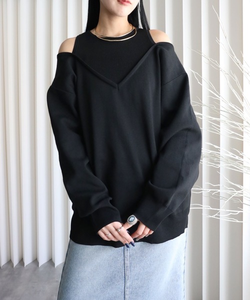 YENNA（イェンナ）の「レイヤード風Vネックプルオーバートップス（ニット/セーター・レディース・アイボリー/ブラック/グレイッシュベージュ/ブラウン・FREE）」の13枚目の写真