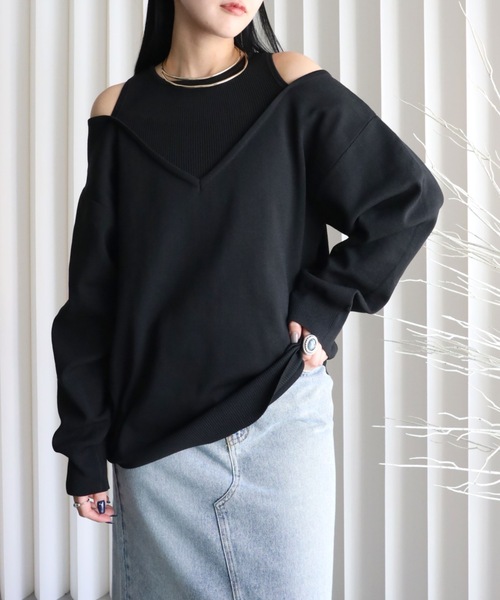 YENNA（イェンナ）の「レイヤード風Vネックプルオーバートップス（ニット/セーター・レディース・アイボリー/ブラック/グレイッシュベージュ/ブラウン・FREE）」の14枚目の写真