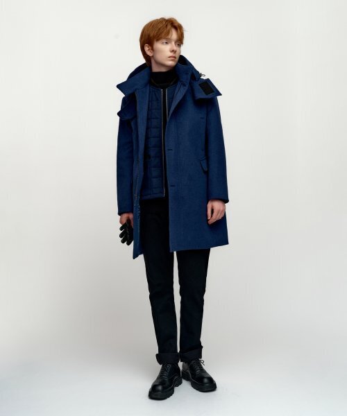 SOLEW(ソル)の「アンゴラブレンドデタッチャブルフードコート_ブルー(チェスターコート・メンズ・その他・SMALL/MEDIUM/LARGE/X-LARGE)」の1枚目の写真