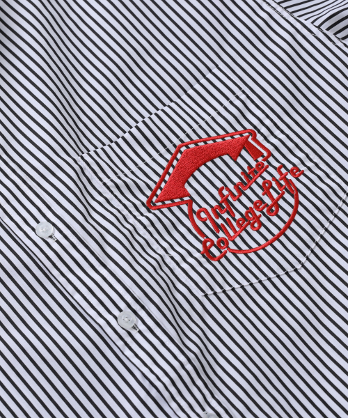 CONCEPTCOLLEGE（コンセプトカレッジ）の「インフィニットカレッジロゴワンポケットストライプシャツ_ブラック/ホワイト[男女共用]（シャツ/ブラウス・レディース・ブラック・LARGE/X-LARGE/MEDIUM）」の4枚目の写真