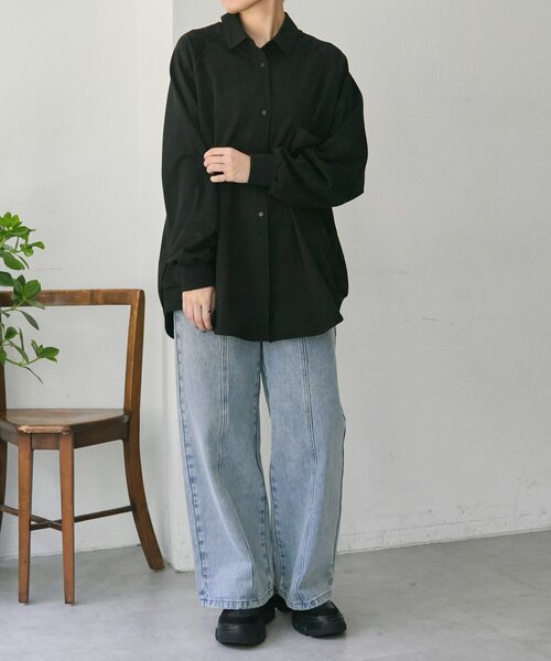 ear PAPILLONNER（イアパピヨネ）の「スウェット切替シャツ【SUM1 STYLE】（シャツ/ブラウス・レディース・ブラック/ライトベージュ・FREE）」の8枚目の写真