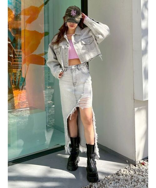 EVRIS（エヴリス）の「ダメージスリットロングデニムスカート【セットアップ着用可能】（デニムスカート・レディース・グレー/インディゴブルー/ブルー・MEDIUM/SMALL）」の14枚目の写真