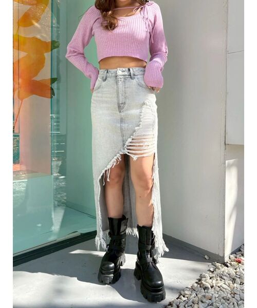 EVRIS（エヴリス）の「ダメージスリットロングデニムスカート【セットアップ着用可能】（デニムスカート・レディース・グレー/インディゴブルー/ブルー・MEDIUM/SMALL）」の15枚目の写真