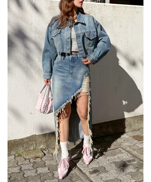 EVRIS（エヴリス）の「ダメージスリットロングデニムスカート【セットアップ着用可能】（デニムスカート・レディース・グレー/インディゴブルー/ブルー・MEDIUM/SMALL）」の5枚目の写真