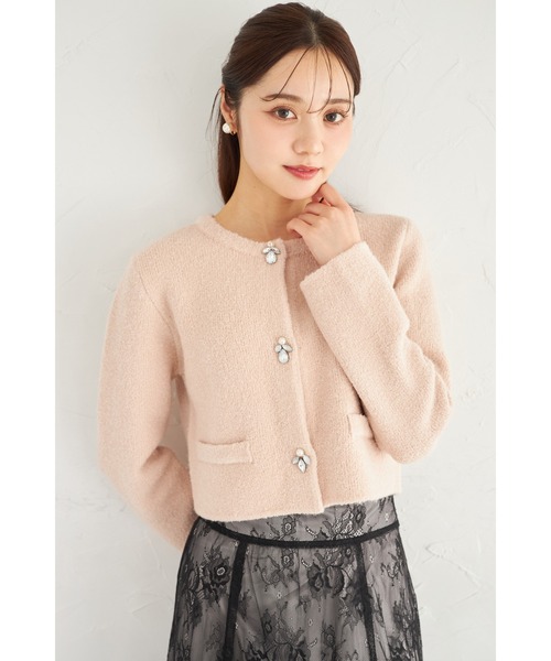 tocco closet（トッコ　クローゼット）の「パール＆ビジュー付きニットジャケット（ノーカラージャケット・レディース・オフホワイト/グレー/ピンク・M）」の3枚目の写真