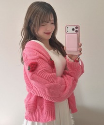 ぷっくりいちご柄ボリュームニットカーデ