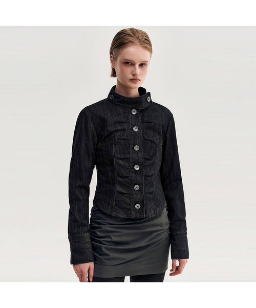 KIMZISU(キムジス)の「Button Up Tucked Jacket _ BLACK(デニムジャケット・レディース・ブラック・S/M/L)」の1枚目の写真