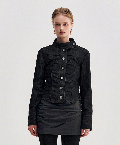 KIMZISU(キムジス)の「Button Up Tucked Jacket _ BLACK(デニムジャケット・レディース・ブラック・S/M/L)」の2枚目の写真