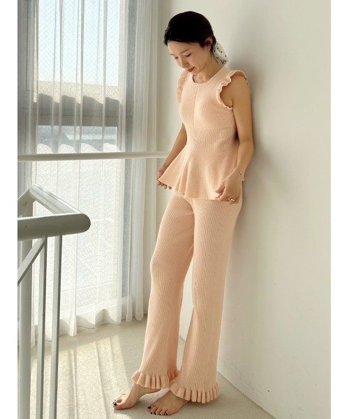 SNIDEL HOME（スナイデルホーム）の「ニットフリルロングパンツ（ルームウェア/パジャマ・レディース・ミント/コーラル/アイボリー・F）」の12枚目の写真