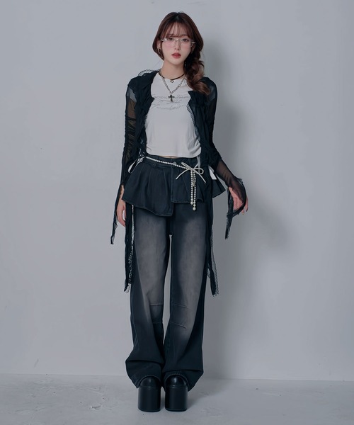 Diable baiser(ディアブルベーゼ)の「フリルレイヤードY2Kバギーデニムパンツ(デニムパンツ・レディース・ブラック・LARGE/MEDIUM/3L)」の7枚目の写真