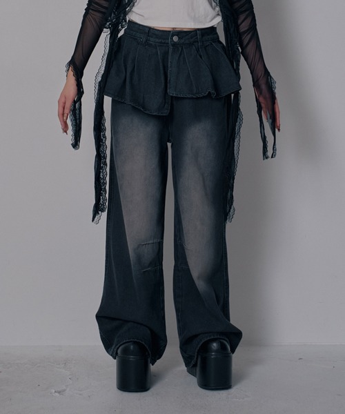 Diable baiser(ディアブルベーゼ)の「フリルレイヤードY2Kバギーデニムパンツ(デニムパンツ・レディース・ブラック・LARGE/MEDIUM/3L)」の11枚目の写真