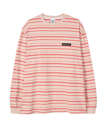 アイビー マルチストライプ ラウンド ロングスリーブ Tシャツ コーラルピンク
