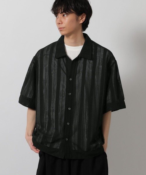 LAKOLE（ラコレ）の「【セットアップ可】メッシュストライプオープンシャツ / 665195（シャツ/ブラウス・メンズ・ブラック/ブラウン・MEDIUM/LARGE）」の4枚目の写真