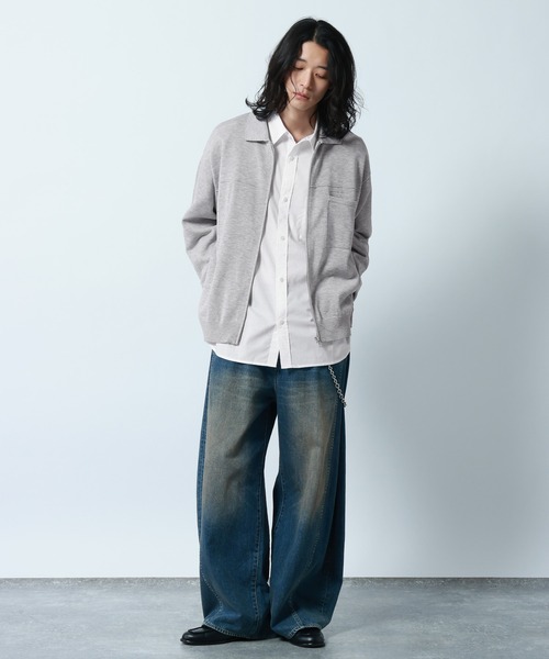 セール】High-Spec Zip knit Shirt/透かしジップニットシャツカーデ