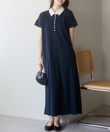 配色襟ポロカットワンピース／フレンチスリーブ・体型カバー・Aライン