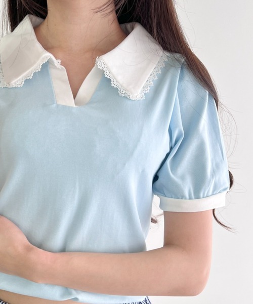 Loueme(ルエム)の「フリルカラーポロシャツ(Tシャツ/カットソー・レディース・ライトグレー/ピンク/ブラック/ライトブルー・FREE)」の3枚目の写真