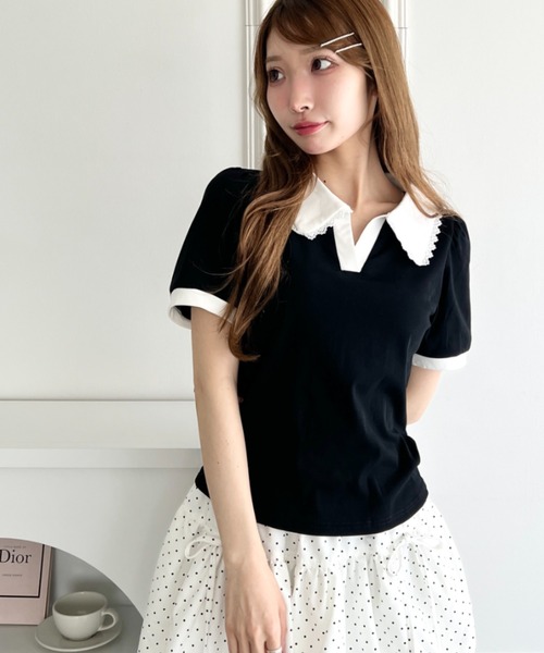 Loueme(ルエム)の「フリルカラーポロシャツ(Tシャツ/カットソー・レディース・ライトグレー/ピンク/ブラック/ライトブルー・FREE)」の1枚目の写真