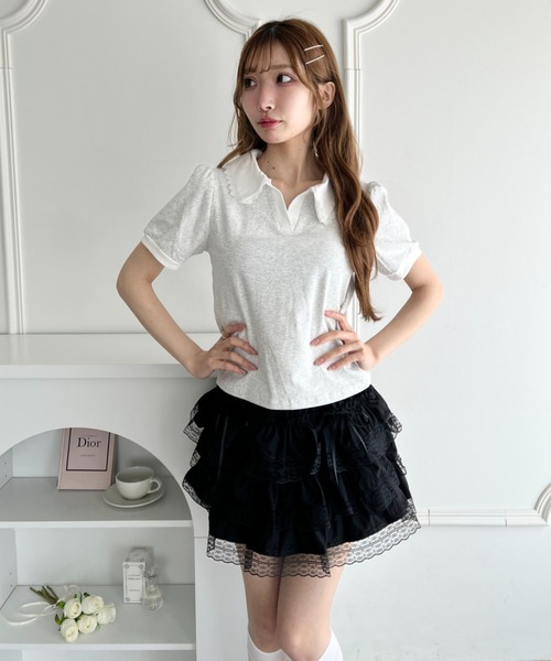Loueme(ルエム)の「フリルカラーポロシャツ(Tシャツ/カットソー・レディース・ライトグレー/ピンク/ブラック/ライトブルー・FREE)」の9枚目の写真