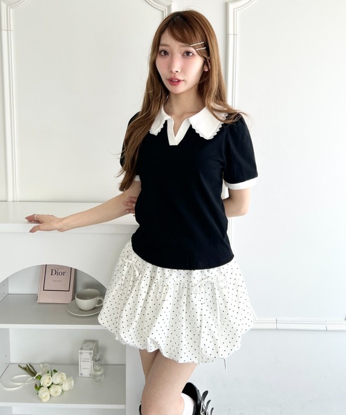 Loueme(ルエム)の「フリルカラーポロシャツ(Tシャツ/カットソー・レディース・ライトグレー/ピンク/ブラック/ライトブルー・FREE)」の6枚目の写真