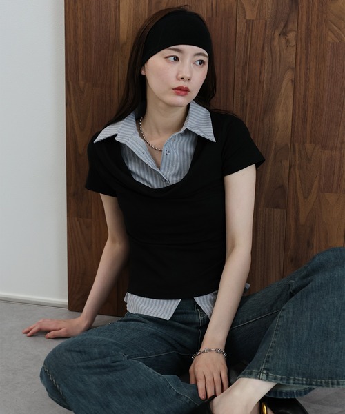 J by blue(ジェイバイブルー)の「シャツレイヤードドレープトップス(Tシャツ/カットソー・レディース・グレー/ホワイト/ブラック・MEDIUM)」の3枚目の写真